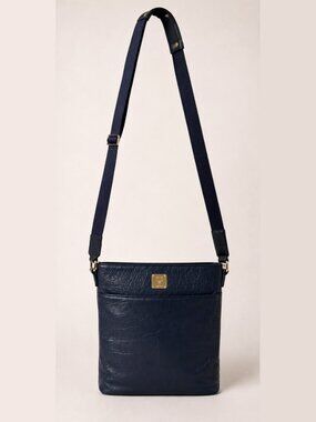 MCM München Navy Croc Embossed Leather iPad Messenger Crossbody Bag